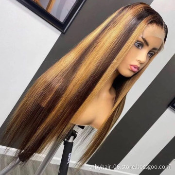 13X4 Lace Front Wig Straight Honey Blonde Brazilian Remy Highlight Ombre Lace Front Human Hair Wigs For Women Bleach Knots